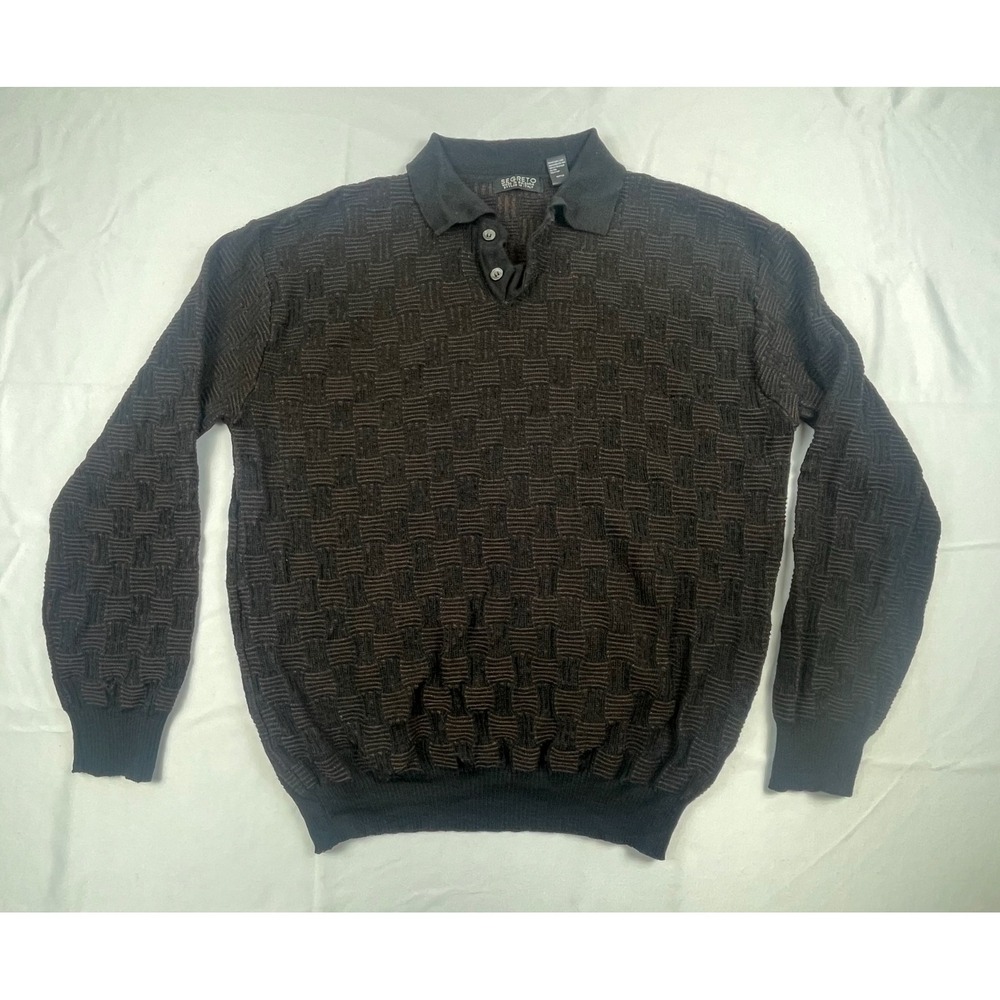 Segreto Mens XL Merino Wool Polo Sweater Brown Black Textured Knit Italy Style